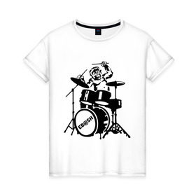 Женская футболка хлопок с принтом Обезьяна с барабанами в Петрозаводске, 100% хлопок | прямой крой, круглый вырез горловины, длина до линии бедер, слегка спущенное плечо | барабан | музыка | обезьяна с барабанами | разное