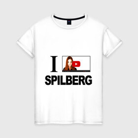 Женская футболка хлопок с принтом Саша Спилберг в Петрозаводске, 100% хлопок | прямой крой, круглый вырез горловины, длина до линии бедер, слегка спущенное плечо | Тематика изображения на принте: i love spilberg | sasha spilberg | видеоблоггер | люблю спилберг | саша спилберг