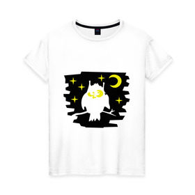 Женская футболка хлопок с принтом Сова в ночном небе в Петрозаводске, 100% хлопок | прямой крой, круглый вырез горловины, длина до линии бедер, слегка спущенное плечо | сова