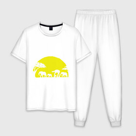 Мужская пижама хлопок с принтом Слоники в Петрозаводске, 100% хлопок | брюки и футболка прямого кроя, без карманов, на брюках мягкая резинка на поясе и по низу штанин
 | африканский | африканское солнце | животные | слоны  на фоне солнца | солнце | этнический
