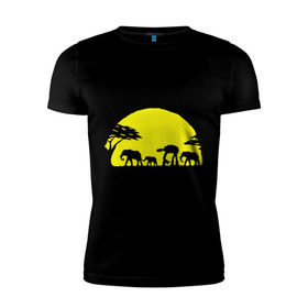 Мужская футболка премиум с принтом Слоники в Петрозаводске, 92% хлопок, 8% лайкра | приталенный силуэт, круглый вырез ворота, длина до линии бедра, короткий рукав | африканский | африканское солнце | животные | слоны  на фоне солнца | солнце | этнический