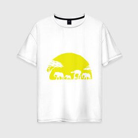 Женская футболка хлопок Oversize с принтом Слоники в Петрозаводске, 100% хлопок | свободный крой, круглый ворот, спущенный рукав, длина до линии бедер
 | африканский | африканское солнце | животные | слоны  на фоне солнца | солнце | этнический