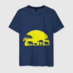 Мужская футболка хлопок с принтом Слоники в Петрозаводске, 100% хлопок | прямой крой, круглый вырез горловины, длина до линии бедер, слегка спущенное плечо. | африканский | африканское солнце | животные | слоны  на фоне солнца | солнце | этнический