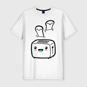 Мужская футболка премиум с принтом Позитивный тостер в Петрозаводске, 92% хлопок, 8% лайкра | приталенный силуэт, круглый вырез ворота, длина до линии бедра, короткий рукав | бутерброд | гренки | еда | позитив | позитивный тостер | смайл | тостер | хлеб
