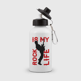 Бутылка спортивная с принтом Rock is my life (Рок-это моя жизнь) в Петрозаводске, металл | емкость — 500 мл, в комплекте две пластиковые крышки и карабин для крепления | rock | рок