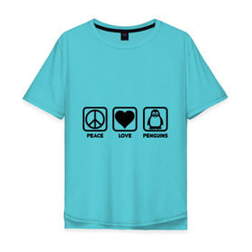 Мужская футболка хлопок Oversize с принтом Peace Love Penguins (мир, любовь, пингвины) в Петрозаводске, 100% хлопок | свободный крой, круглый ворот, “спинка” длиннее передней части | peace love penguins | животные | любовь | мир | пингвины