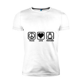 Мужская футболка премиум с принтом Peace Love Penguins (мир, любовь, пингвины) в Петрозаводске, 92% хлопок, 8% лайкра | приталенный силуэт, круглый вырез ворота, длина до линии бедра, короткий рукав | peace love penguins | животные | любовь | мир | пингвины