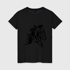 Женская футболка хлопок с принтом Голова лошади в Петрозаводске, 100% хлопок | прямой крой, круглый вырез горловины, длина до линии бедер, слегка спущенное плечо | голова лошади | животные | конь | лошадка | силуэт лошади