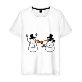 Мужская футболка хлопок с принтом Снеговик грабитель в Петрозаводске, 100% хлопок | прямой крой, круглый вырез горловины, длина до линии бедер, слегка спущенное плечо. | идеи подарков | с новым годом | снеговик грабитель | снеговики | снеговики бандиты | фен