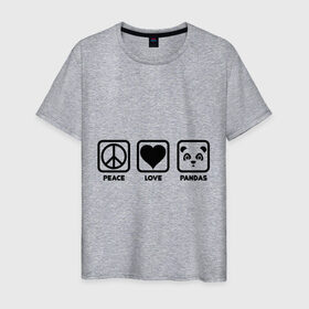 Мужская футболка хлопок с принтом Peace Love Pandas (Мир, Любовь, Панды) в Петрозаводске, 100% хлопок | прямой крой, круглый вырез горловины, длина до линии бедер, слегка спущенное плечо. | Тематика изображения на принте: peace love pandas | животные | любовь | мир | панды | прикольные картинки