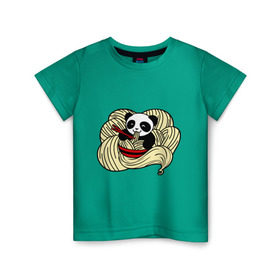 Детская футболка хлопок с принтом панда ест лапшу в Петрозаводске, 100% хлопок | круглый вырез горловины, полуприлегающий силуэт, длина до линии бедер | панда