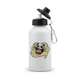Бутылка спортивная с принтом панда ест лапшу в Петрозаводске, металл | емкость — 500 мл, в комплекте две пластиковые крышки и карабин для крепления | панда