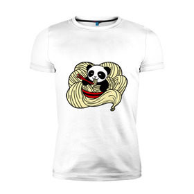 Мужская футболка премиум с принтом панда ест лапшу в Петрозаводске, 92% хлопок, 8% лайкра | приталенный силуэт, круглый вырез ворота, длина до линии бедра, короткий рукав | панда