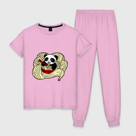 Женская пижама хлопок с принтом панда ест лапшу в Петрозаводске, 100% хлопок | брюки и футболка прямого кроя, без карманов, на брюках мягкая резинка на поясе и по низу штанин | Тематика изображения на принте: панда