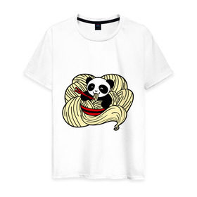 Мужская футболка хлопок с принтом панда ест лапшу в Петрозаводске, 100% хлопок | прямой крой, круглый вырез горловины, длина до линии бедер, слегка спущенное плечо. | панда
