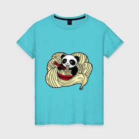 Женская футболка хлопок с принтом панда ест лапшу в Петрозаводске, 100% хлопок | прямой крой, круглый вырез горловины, длина до линии бедер, слегка спущенное плечо | панда