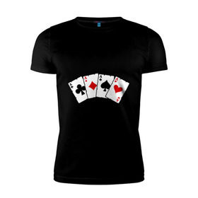 Мужская футболка премиум с принтом Четыре туза в Петрозаводске, 92% хлопок, 8% лайкра | приталенный силуэт, круглый вырез ворота, длина до линии бедра, короткий рукав | Тематика изображения на принте: игра | игральные карты | карты | покер | туз | тузы | четыре туза