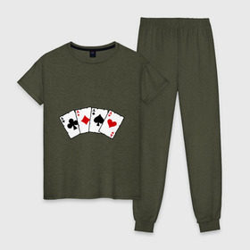 Женская пижама хлопок с принтом Четыре туза в Петрозаводске, 100% хлопок | брюки и футболка прямого кроя, без карманов, на брюках мягкая резинка на поясе и по низу штанин | игра | игральные карты | карты | покер | туз | тузы | четыре туза