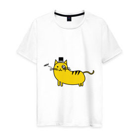 Мужская футболка хлопок с принтом Кот аристократ в Петрозаводске, 100% хлопок | прямой крой, круглый вырез горловины, длина до линии бедер, слегка спущенное плечо. | аристократ | желтый кот | кот | кот аристократ | котик | котяра | цилиндр