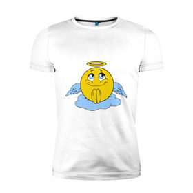 Мужская футболка премиум с принтом Ангел смайл в Петрозаводске, 92% хлопок, 8% лайкра | приталенный силуэт, круглый вырез ворота, длина до линии бедра, короткий рукав | smile. улыбка | ангел смайл | безумный смайл | позитив и смайлы | псих | смайл | смайлик