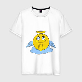 Мужская футболка хлопок с принтом Ангел смайл в Петрозаводске, 100% хлопок | прямой крой, круглый вырез горловины, длина до линии бедер, слегка спущенное плечо. | smile. улыбка | ангел смайл | безумный смайл | позитив и смайлы | псих | смайл | смайлик
