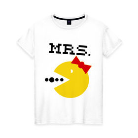 Женская футболка хлопок с принтом Миссис Pac-man (парная) в Петрозаводске, 100% хлопок | прямой крой, круглый вырез горловины, длина до линии бедер, слегка спущенное плечо | Тематика изображения на принте: 14 февраля | : парные | для двоих | миссис pac man