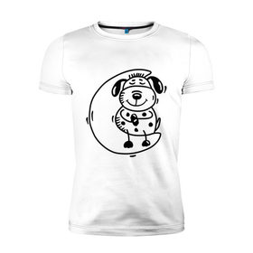 Мужская футболка премиум с принтом Песик на луне в Петрозаводске, 92% хлопок, 8% лайкра | приталенный силуэт, круглый вырез ворота, длина до линии бедра, короткий рукав | животное | луна | милый песик | пес | песик | песик на луне | собака