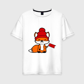 Женская футболка хлопок Oversize с принтом лисичка с флажком в Петрозаводске, 100% хлопок | свободный крой, круглый ворот, спущенный рукав, длина до линии бедер
 | лиса