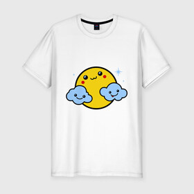 Мужская футболка премиум с принтом Солнышко с облаками в Петрозаводске, 92% хлопок, 8% лайкра | приталенный силуэт, круглый вырез ворота, длина до линии бедра, короткий рукав | позитив и смайлы | прикольные картинки | солнышко с облаками
