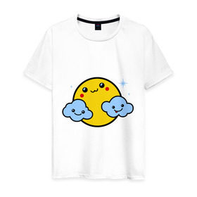 Мужская футболка хлопок с принтом Солнышко с облаками в Петрозаводске, 100% хлопок | прямой крой, круглый вырез горловины, длина до линии бедер, слегка спущенное плечо. | позитив и смайлы | прикольные картинки | солнышко с облаками