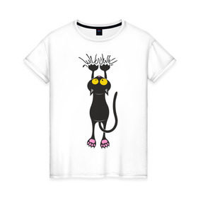 Женская футболка хлопок с принтом Висящий кот в Петрозаводске, 100% хлопок | прямой крой, круглый вырез горловины, длина до линии бедер, слегка спущенное плечо | Тематика изображения на принте: висящий кот | когти | котик | котяра | кошки | милый кот | повис | черный кот