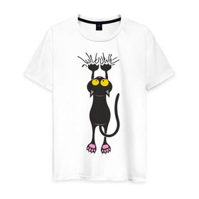 Мужская футболка хлопок с принтом Висящий кот в Петрозаводске, 100% хлопок | прямой крой, круглый вырез горловины, длина до линии бедер, слегка спущенное плечо. | Тематика изображения на принте: висящий кот | когти | котик | котяра | кошки | милый кот | повис | черный кот