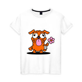 Женская футболка хлопок с принтом собачка с цветочком в Петрозаводске, 100% хлопок | прямой крой, круглый вырез горловины, длина до линии бедер, слегка спущенное плечо | животное | любовь | милый песик | песик | собачка с цветочком | цветок