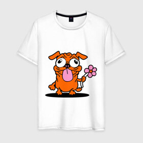 Мужская футболка хлопок с принтом собачка с цветочком в Петрозаводске, 100% хлопок | прямой крой, круглый вырез горловины, длина до линии бедер, слегка спущенное плечо. | животное | любовь | милый песик | песик | собачка с цветочком | цветок