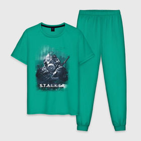 Мужская пижама хлопок с принтом STALKER в Петрозаводске, 100% хлопок | брюки и футболка прямого кроя, без карманов, на брюках мягкая резинка на поясе и по низу штанин
 | shooter | stalker | постапокалиптические | припять | радиация | сталкер | чернобыль | шутер