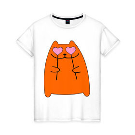Женская футболка хлопок с принтом кот с сердечками парная женская в Петрозаводске, 100% хлопок | прямой крой, круглый вырез горловины, длина до линии бедер, слегка спущенное плечо | 14 февраля | для двоих | киска | кот с сердечками парная женская | парные