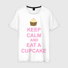 Мужская футболка хлопок с принтом keep calm and eat a cupcake в Петрозаводске, 100% хлопок | прямой крой, круглый вырез горловины, длина до линии бедер, слегка спущенное плечо. | keep calm and eat a cupcake | антибренд | кекс | сохранять спокойствие и съесть кекс