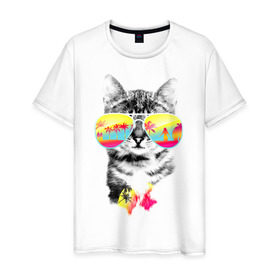 Мужская футболка хлопок с принтом Солнечный кот в Петрозаводске, 100% хлопок | прямой крой, круглый вырез горловины, длина до линии бедер, слегка спущенное плечо. | киска | кот | лето | отпуск | очки | пляж | солнечный кот | турист