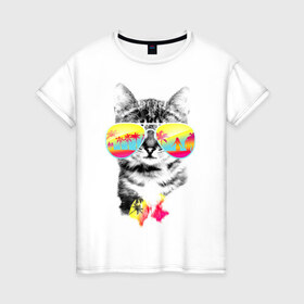 Женская футболка хлопок с принтом Солнечный кот в Петрозаводске, 100% хлопок | прямой крой, круглый вырез горловины, длина до линии бедер, слегка спущенное плечо | киска | кот | лето | отпуск | очки | пляж | солнечный кот | турист