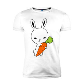 Мужская футболка премиум с принтом Зайчик с морковкой в Петрозаводске, 92% хлопок, 8% лайкра | приталенный силуэт, круглый вырез ворота, длина до линии бедра, короткий рукав | Тематика изображения на принте: животные | зайка | зайчик | зайчик с морковкой | морковка