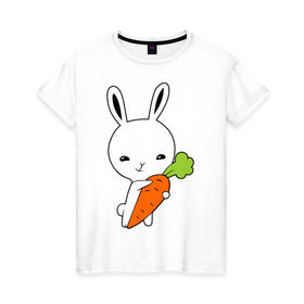 Женская футболка хлопок с принтом Зайчик с морковкой в Петрозаводске, 100% хлопок | прямой крой, круглый вырез горловины, длина до линии бедер, слегка спущенное плечо | животные | зайка | зайчик | зайчик с морковкой | морковка