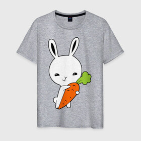 Мужская футболка хлопок с принтом Зайчик с морковкой в Петрозаводске, 100% хлопок | прямой крой, круглый вырез горловины, длина до линии бедер, слегка спущенное плечо. | Тематика изображения на принте: животные | зайка | зайчик | зайчик с морковкой | морковка