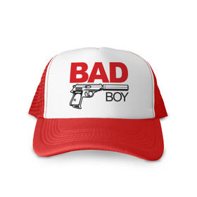 Кепка тракер с сеткой с принтом Bad boy (плохой парень) в Петрозаводске, трикотажное полотно; задняя часть — сетка | длинный козырек, универсальный размер, пластиковая застежка | Тематика изображения на принте: bad boy