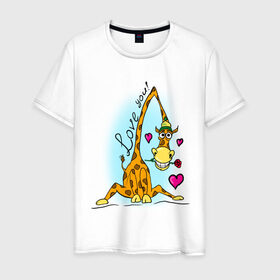 Мужская футболка хлопок с принтом Love you в Петрозаводске, 100% хлопок | прямой крой, круглый вырез горловины, длина до линии бедер, слегка спущенное плечо. | Тематика изображения на принте: love you | жираф | жирафик | люблю тебя | роза | сердечки | сердце
