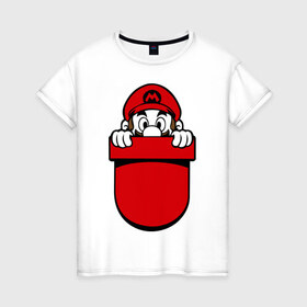 Женская футболка хлопок с принтом Марио в кармане в Петрозаводске, 100% хлопок | прямой крой, круглый вырез горловины, длина до линии бедер, слегка спущенное плечо | nintendo | марио | нинтендо
