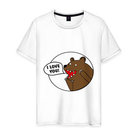 Мужская футболка хлопок с принтом Медведь - я люблю тебя в Петрозаводске, 100% хлопок | прямой крой, круглый вырез горловины, длина до линии бедер, слегка спущенное плечо. | Тематика изображения на принте: i | love | you | люблю | любовь | медвед | медведь