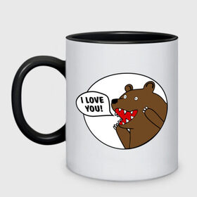 Кружка двухцветная с принтом Медведь - я люблю тебя в Петрозаводске, керамика | объем — 330 мл, диаметр — 80 мм. Цветная ручка и кайма сверху, в некоторых цветах — вся внутренняя часть | i | love | you | люблю | любовь | медвед | медведь