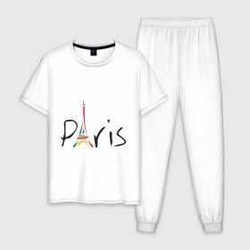 Мужская пижама хлопок с принтом Красочный Париж в Петрозаводске, 100% хлопок | брюки и футболка прямого кроя, без карманов, на брюках мягкая резинка на поясе и по низу штанин
 | башня | красочный париж | париж | туристические | франция | эльфивая башня