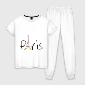 Женская пижама хлопок с принтом Красочный Париж в Петрозаводске, 100% хлопок | брюки и футболка прямого кроя, без карманов, на брюках мягкая резинка на поясе и по низу штанин | башня | красочный париж | париж | туристические | франция | эльфивая башня