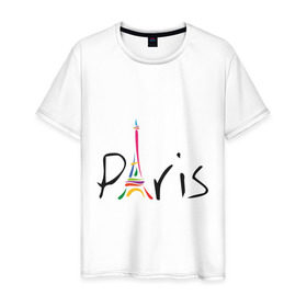 Мужская футболка хлопок с принтом Красочный Париж в Петрозаводске, 100% хлопок | прямой крой, круглый вырез горловины, длина до линии бедер, слегка спущенное плечо. | башня | красочный париж | париж | туристические | франция | эльфивая башня